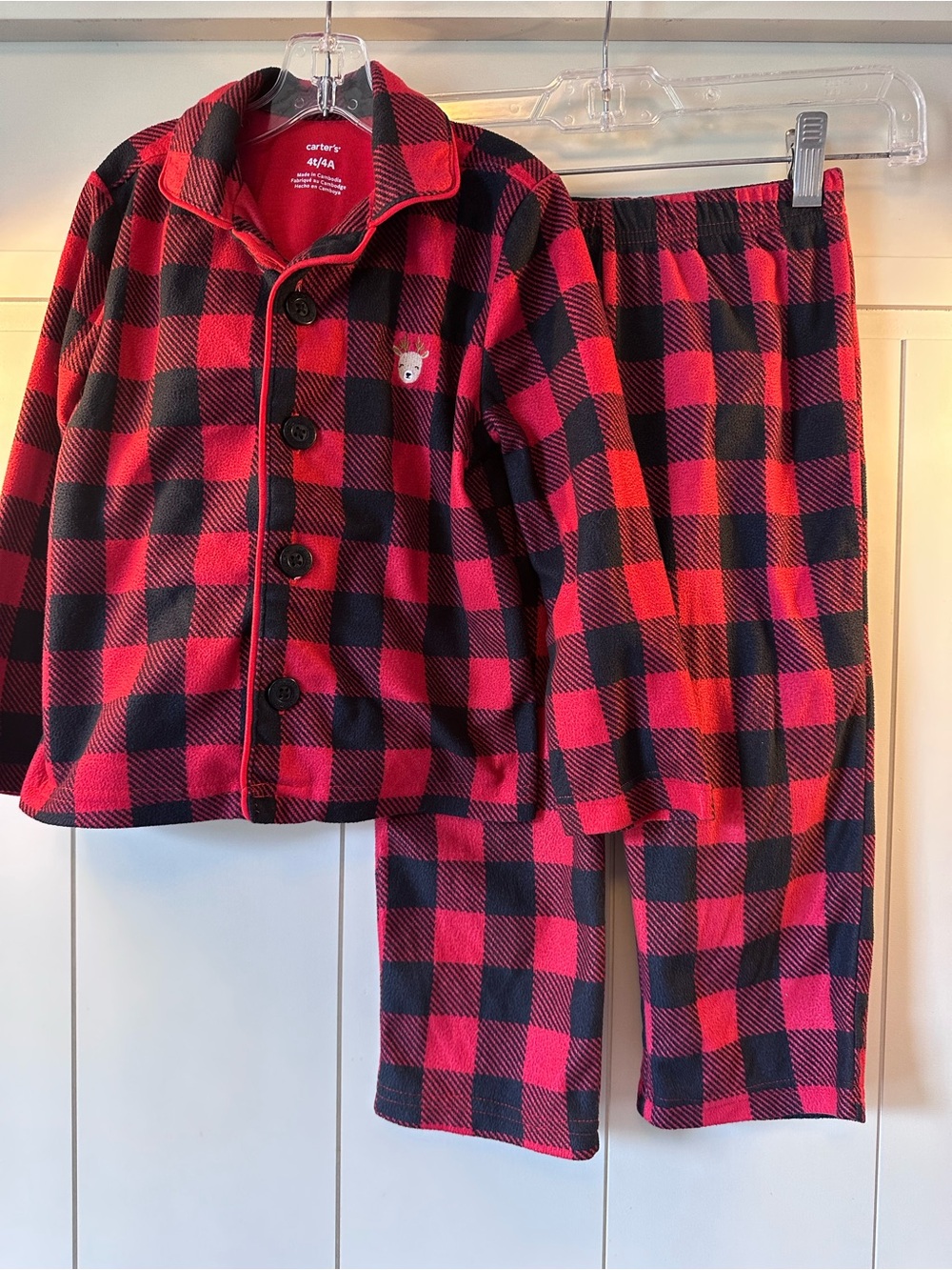 Carter's Red and Black Buffalo Plaid Fleece Pajama Set with Reindeer Patch